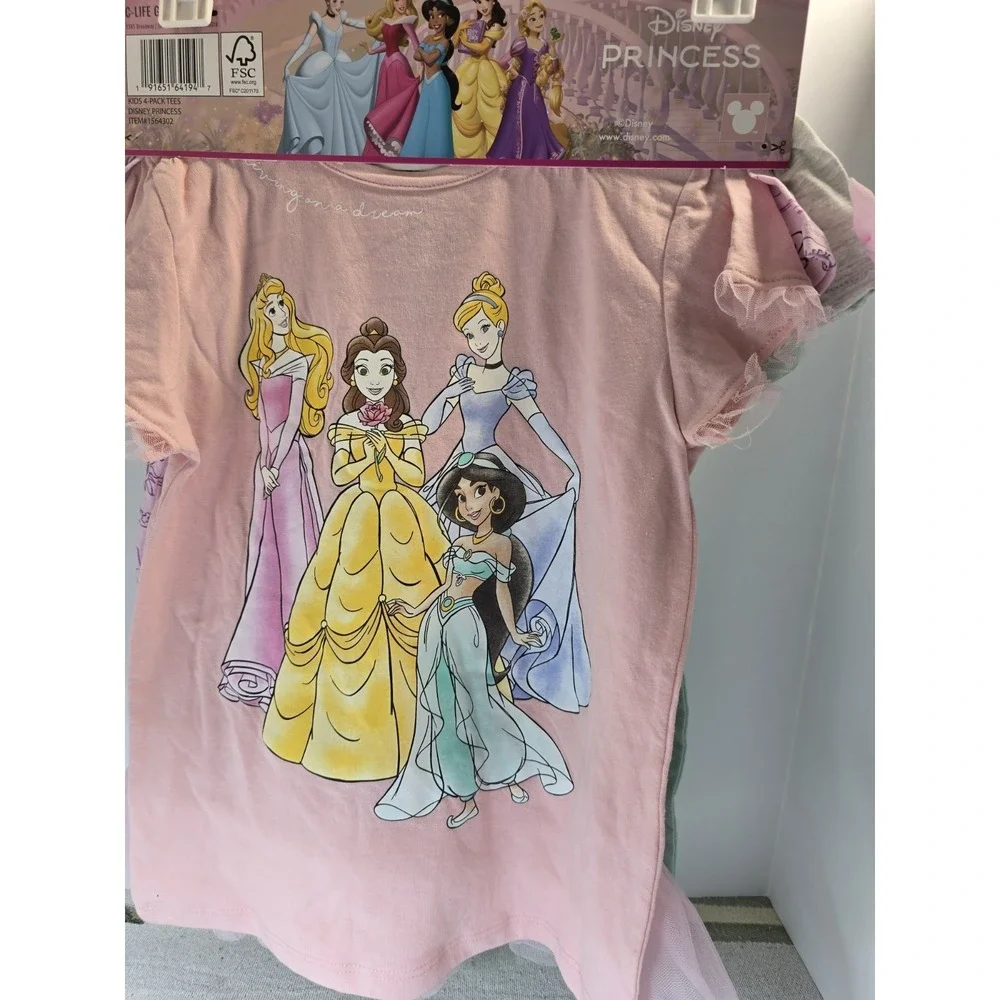 Disney Princess Girls 4-pack‎ Tees Sz 7 Cinderella Jasmine Belle New